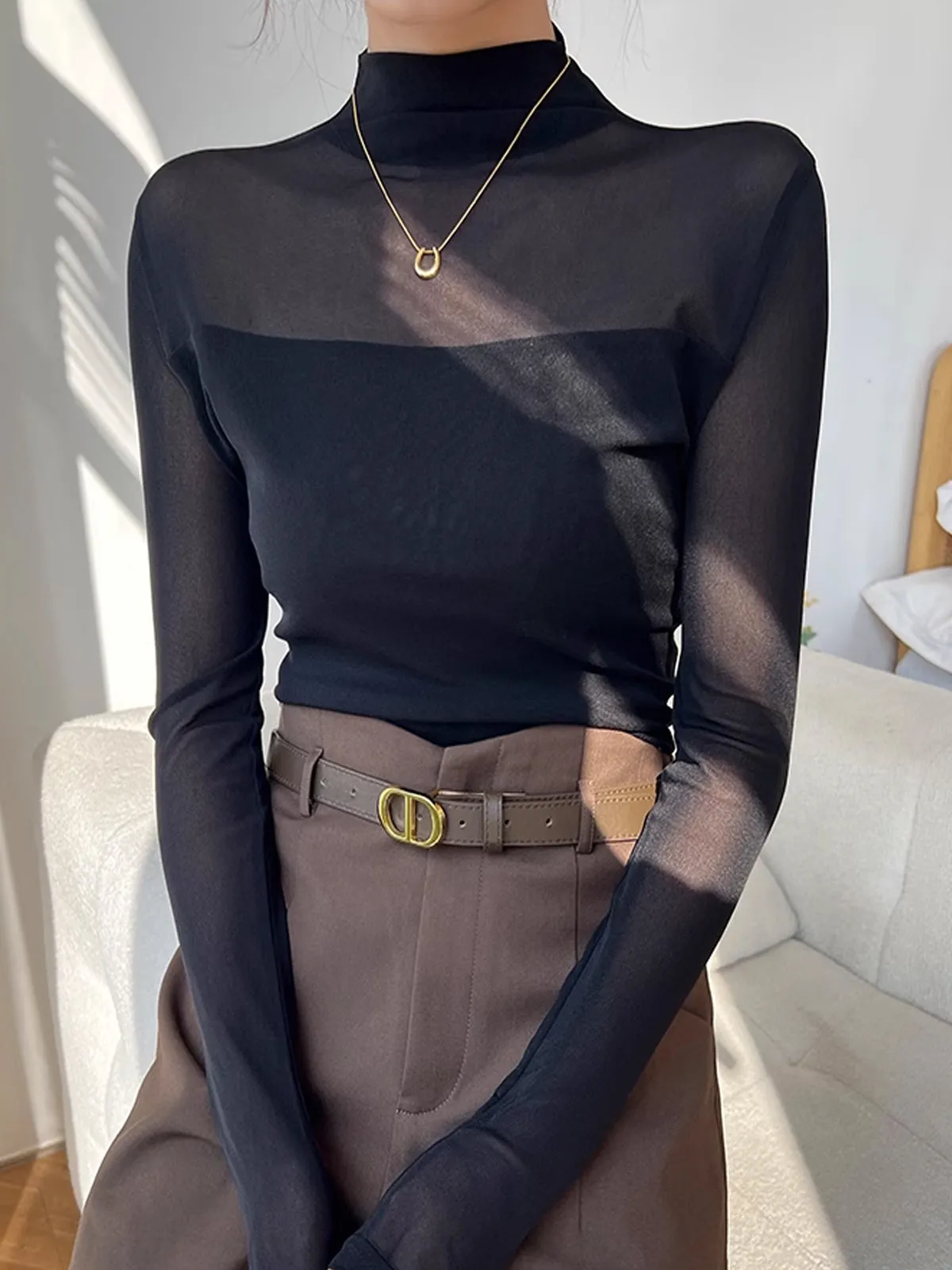 Mock Neck Sheer Mesh Panel Blouse sold by COMMENSE product image thumbnail 4