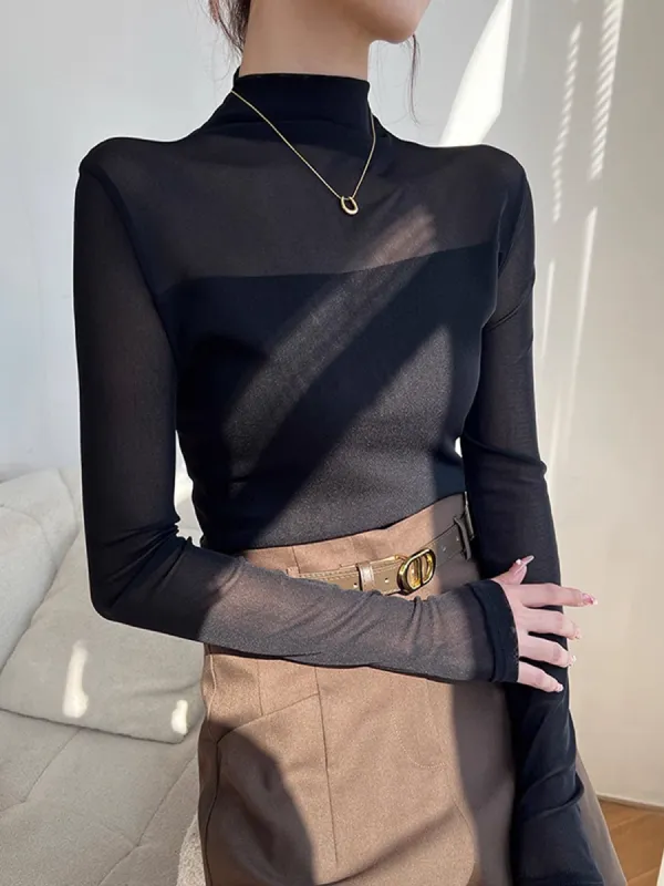 Mock Neck Sheer Mesh Panel Blouse sold by COMMENSE