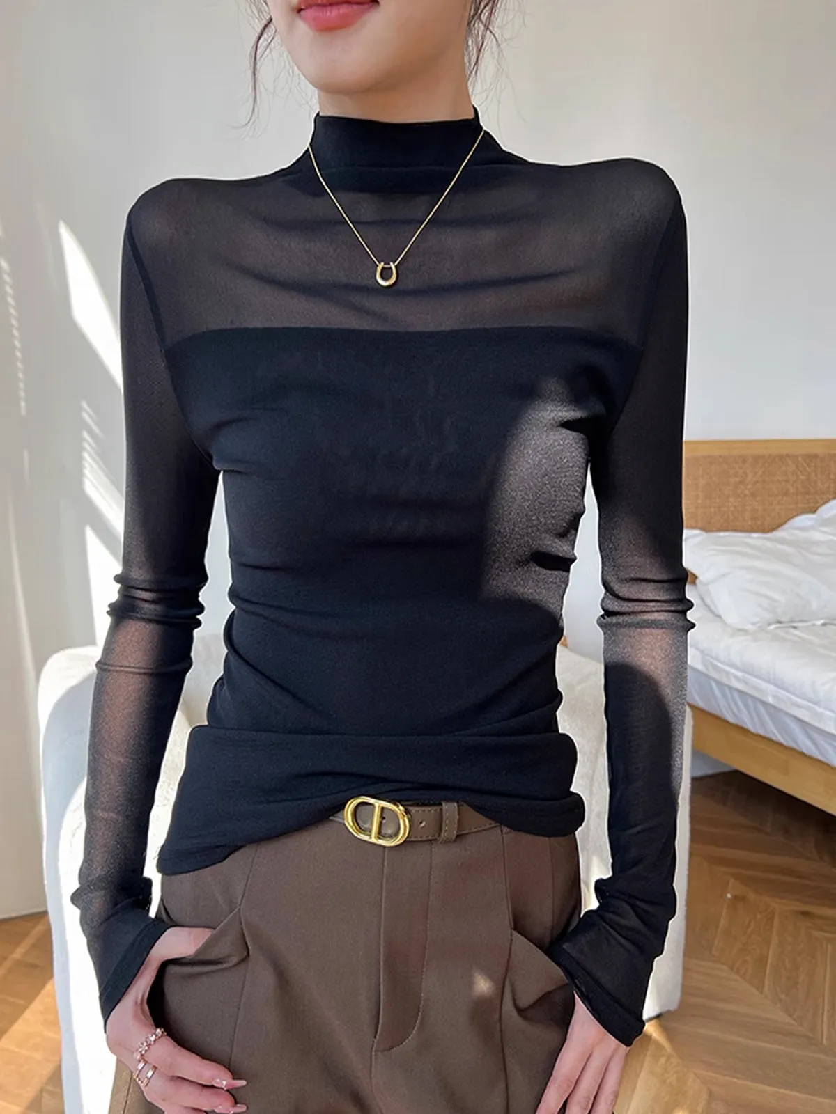Mock Neck Sheer Mesh Panel Blouse sold by COMMENSE product image thumbnail 2