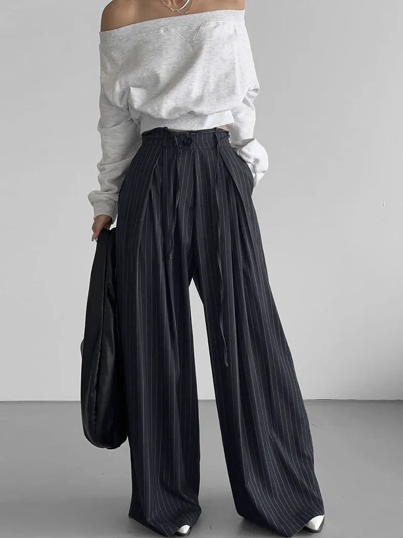 Drawstring Pinstripe Wide-Leg Pants sold by COMMENSE product image thumbnail 3