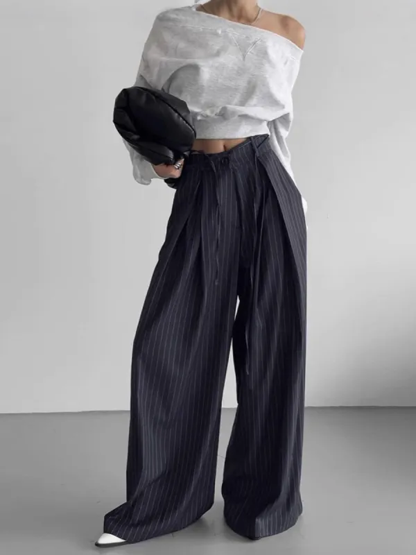 Drawstring Pinstripe Wide-Leg Pants sold by COMMENSE