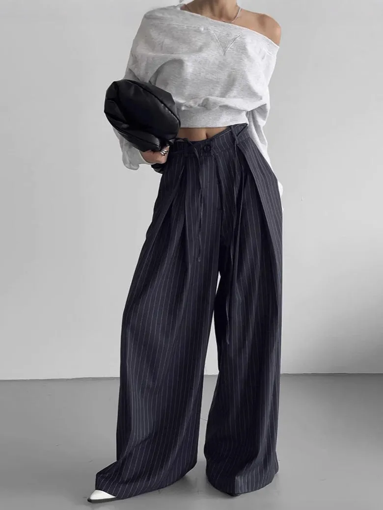 Drawstring Pinstripe Wide-Leg Pants sold by COMMENSE