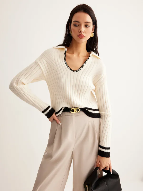 Embroidered Contrast Trim Cozy Sweater sold by COMMENSE