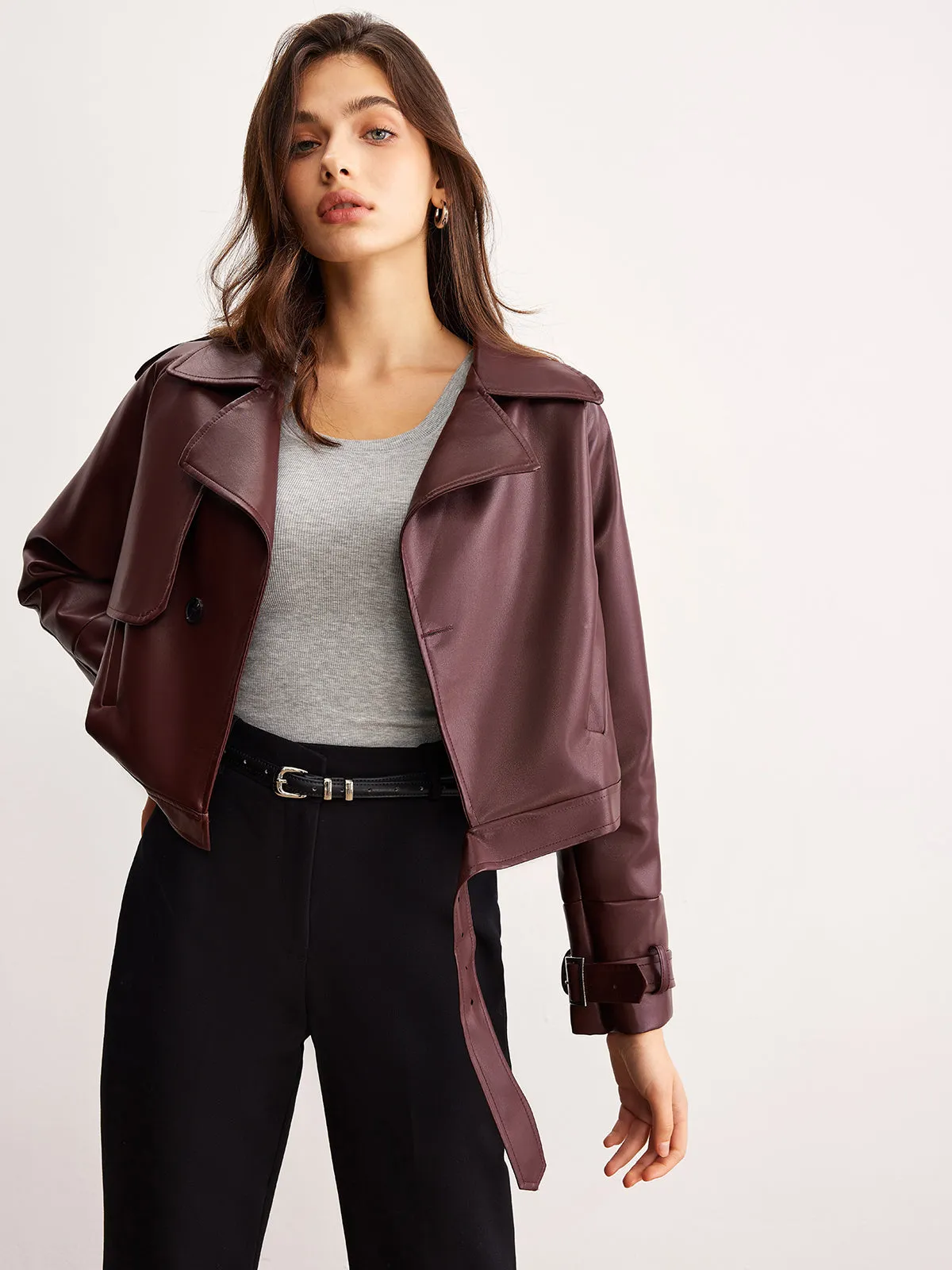 Faux Leather Belted Short Jacket sold by COMMENSE product image thumbnail 3