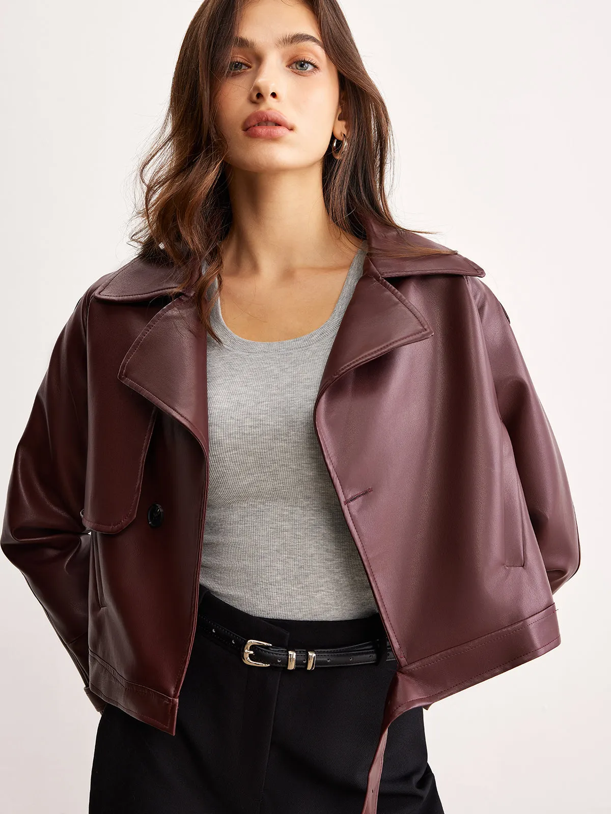Faux Leather Belted Short Jacket sold by COMMENSE product image thumbnail 4