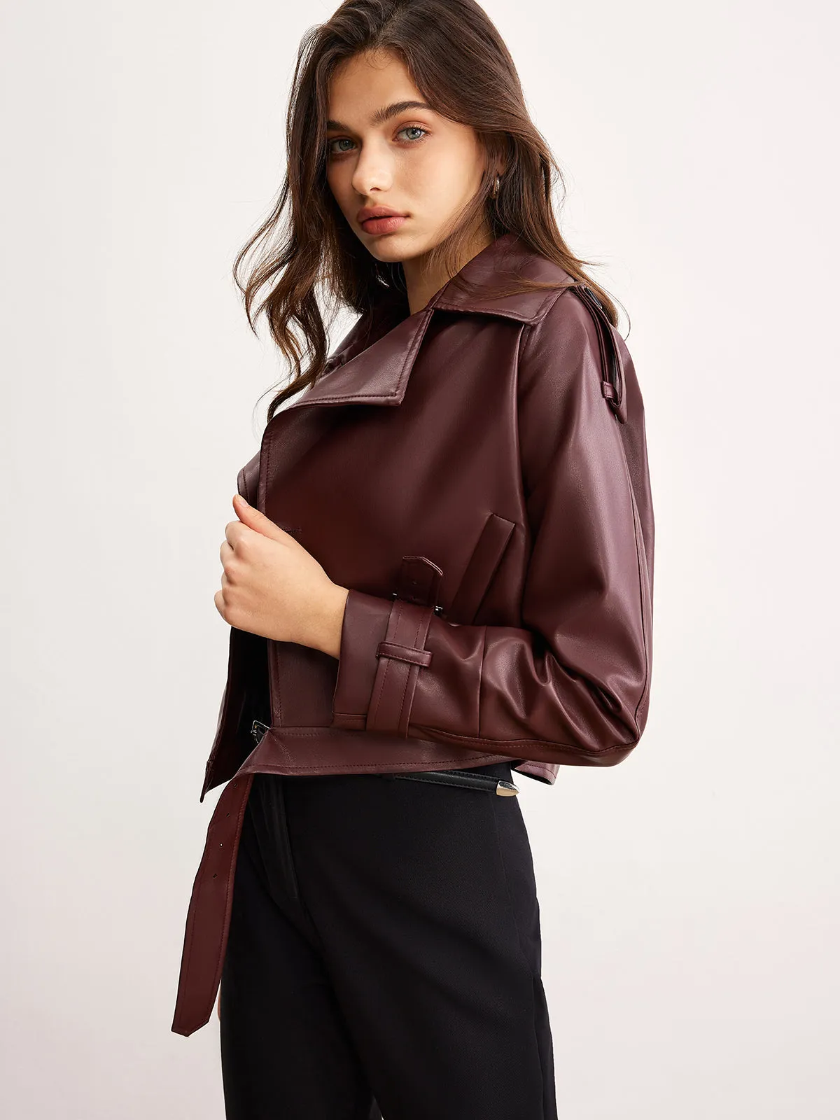 Faux Leather Belted Short Jacket sold by COMMENSE product image thumbnail 2