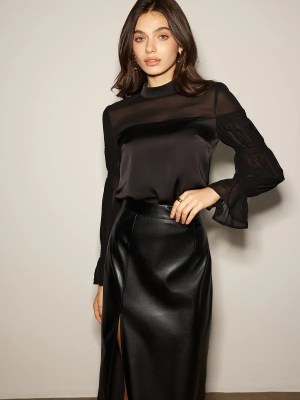 Stand Collar Chiffon Panel Blouse made by COMMENSE