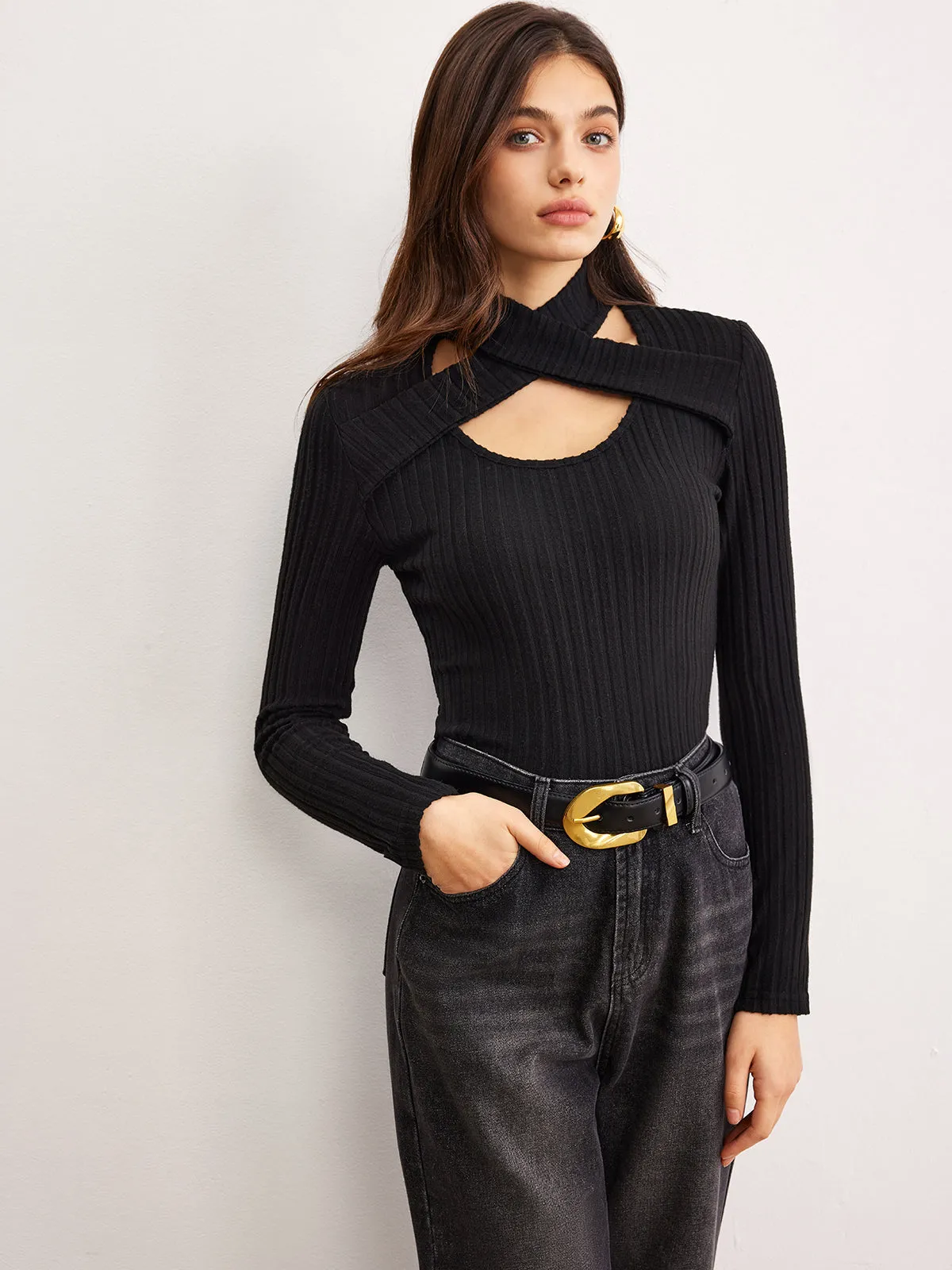 Criss Cross Neck Ribbed Top sold by COMMENSE product image thumbnail 4