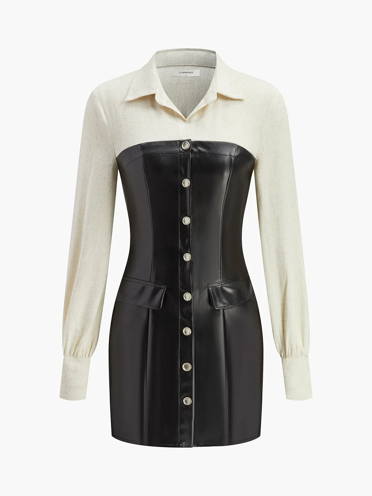 Color Block Faux Leather Lapel Dress sold by COMMENSE