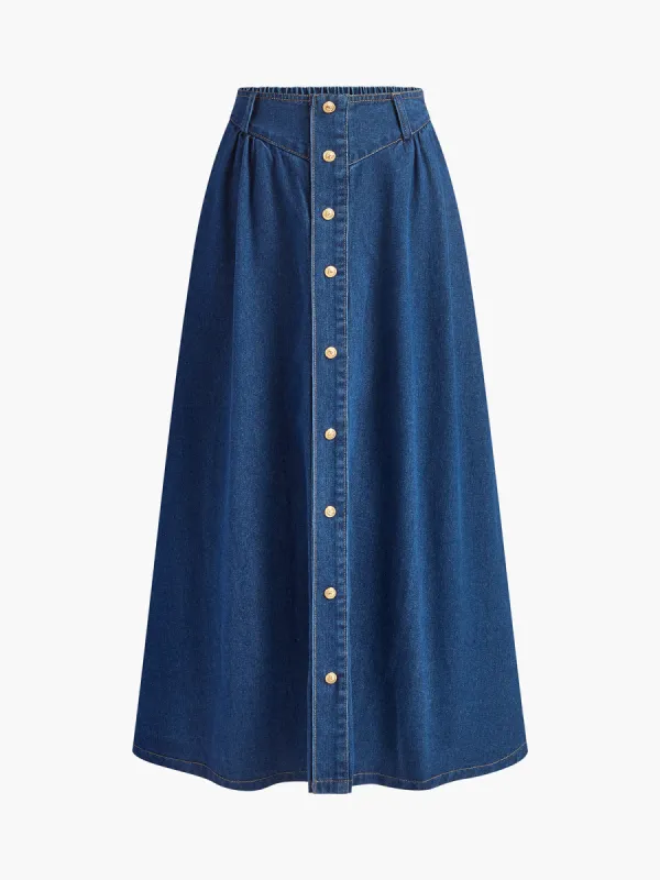 Metal Button Pleated Denim Skirt sold by COMMENSE