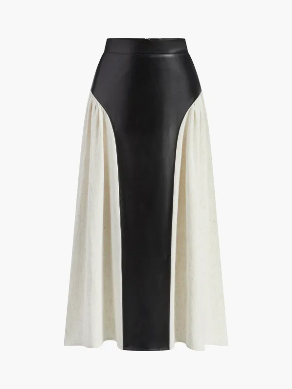 Color Block Pleated Faux Leather Panel Skirt sold by COMMENSE