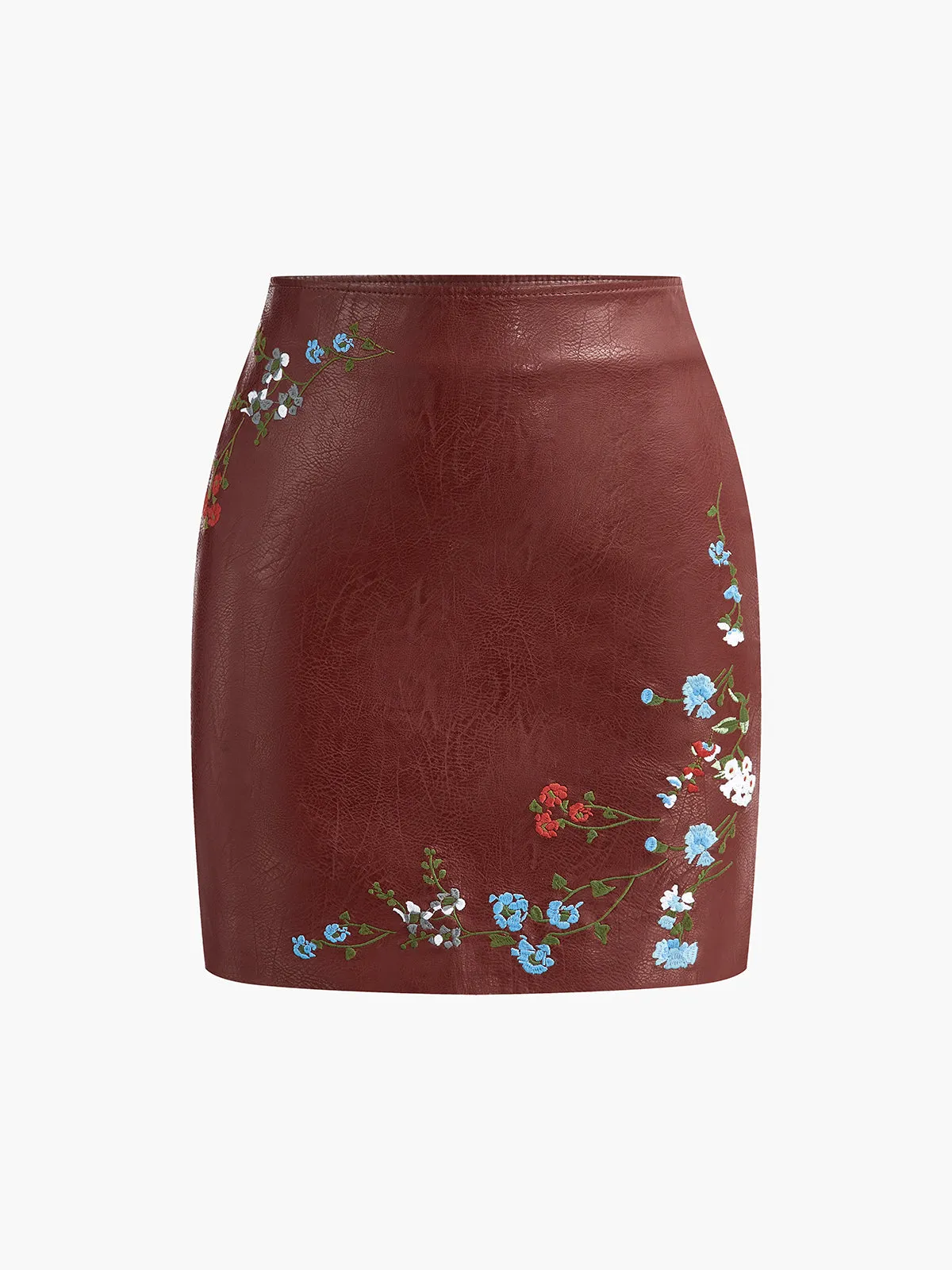 Floral Embroidery Faux Leather Skirt sold by COMMENSE