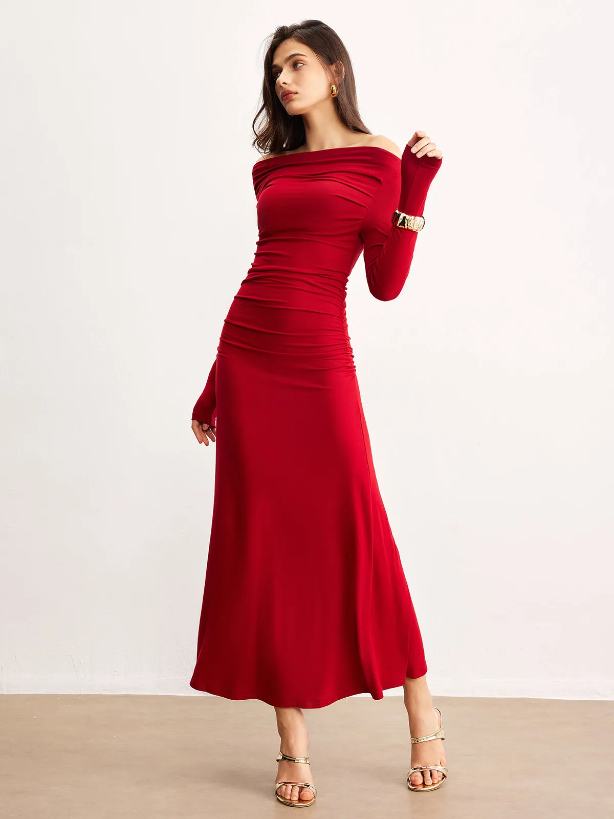 Off-Shoulder Ruffle Knit Dress sold by COMMENSE