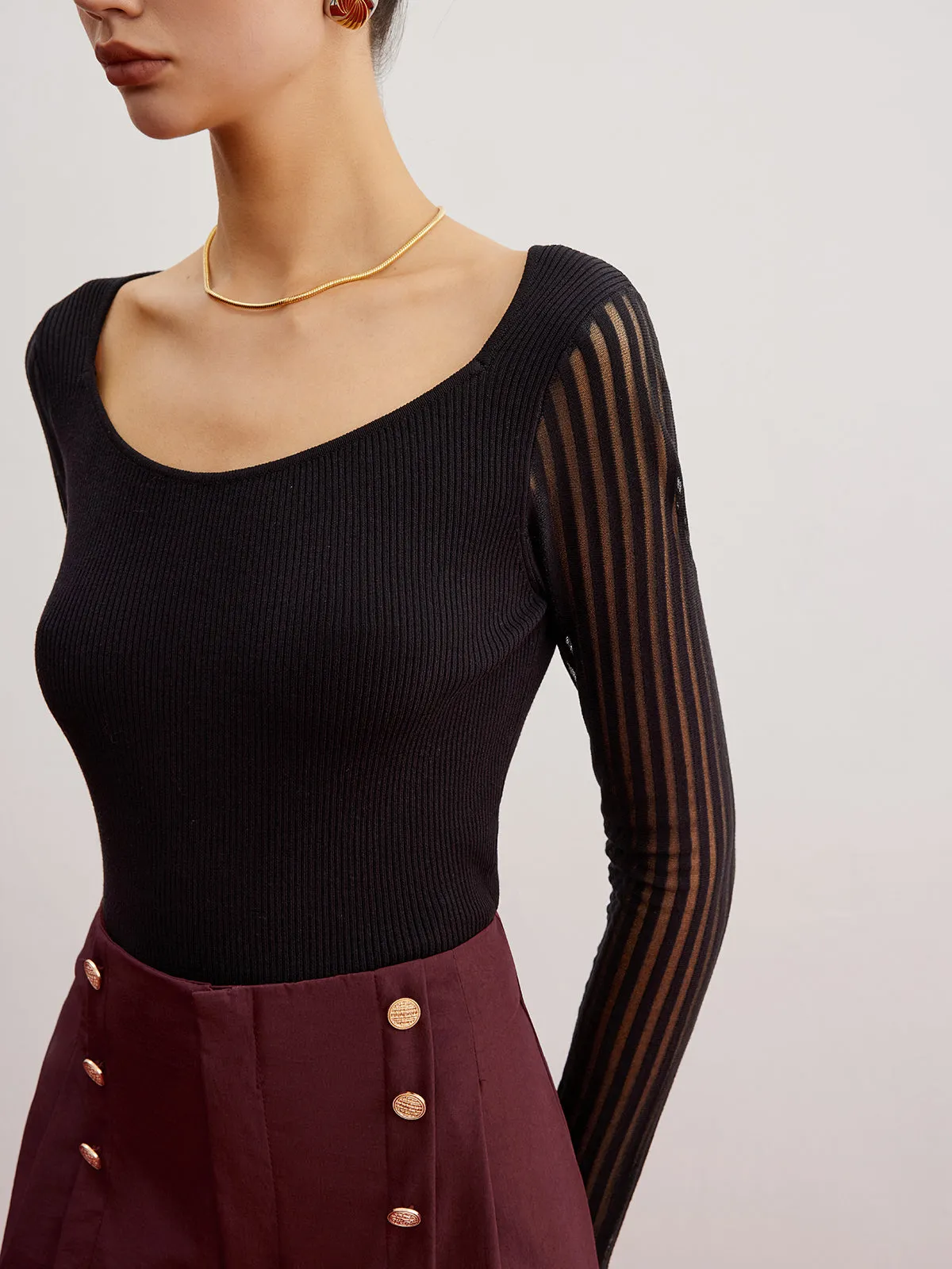 Ribbed Sheer Sleeve Sweater sold by COMMENSE