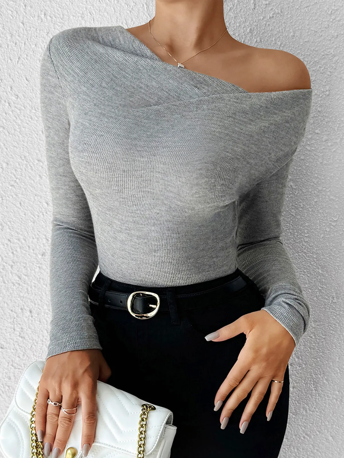 Asymmetrical Neck High Stretch Top sold by COMMENSE