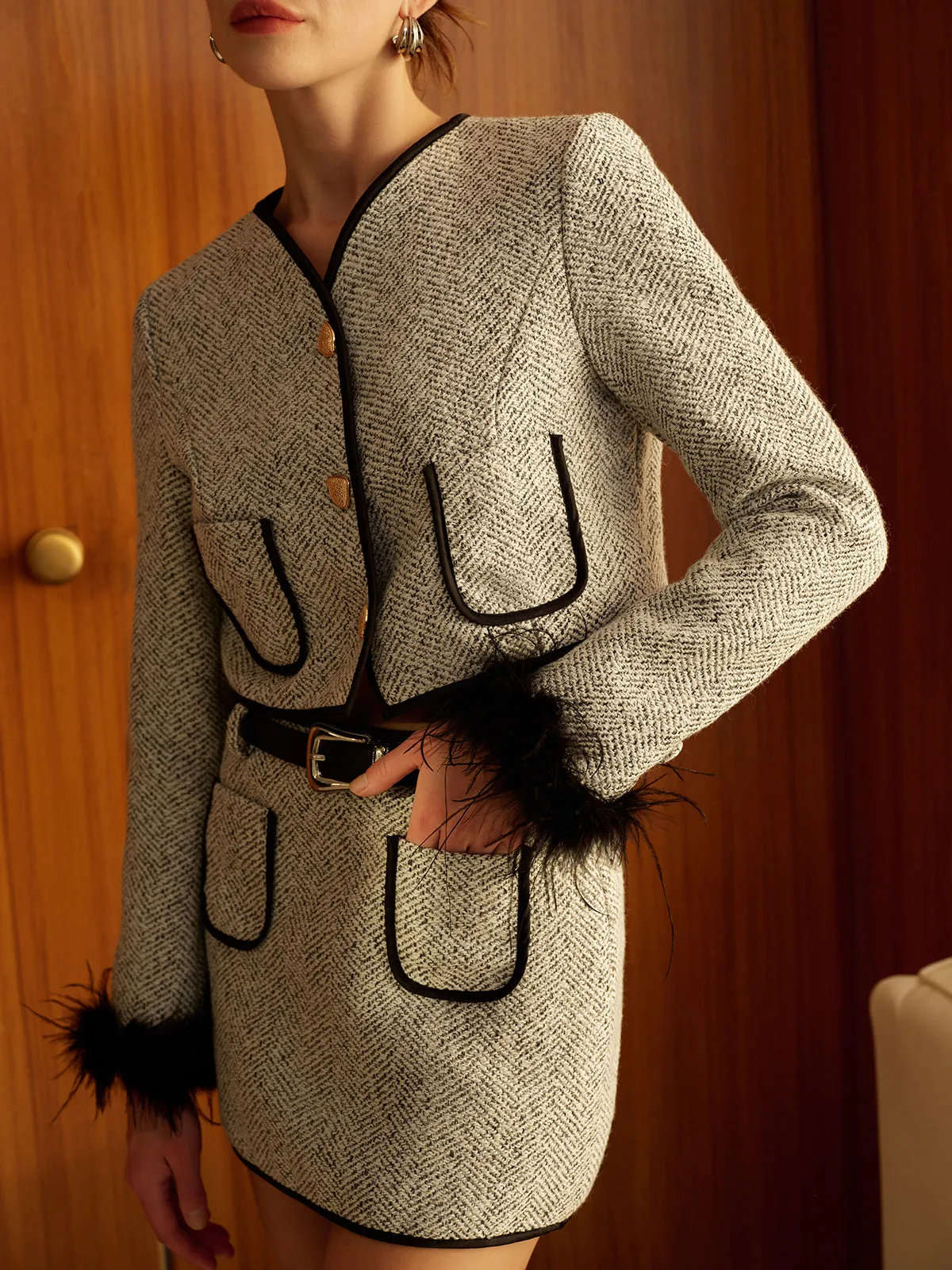 Contrast Trim Button Tweed Skirt Set Without Belt sold by COMMENSE product image thumbnail 2