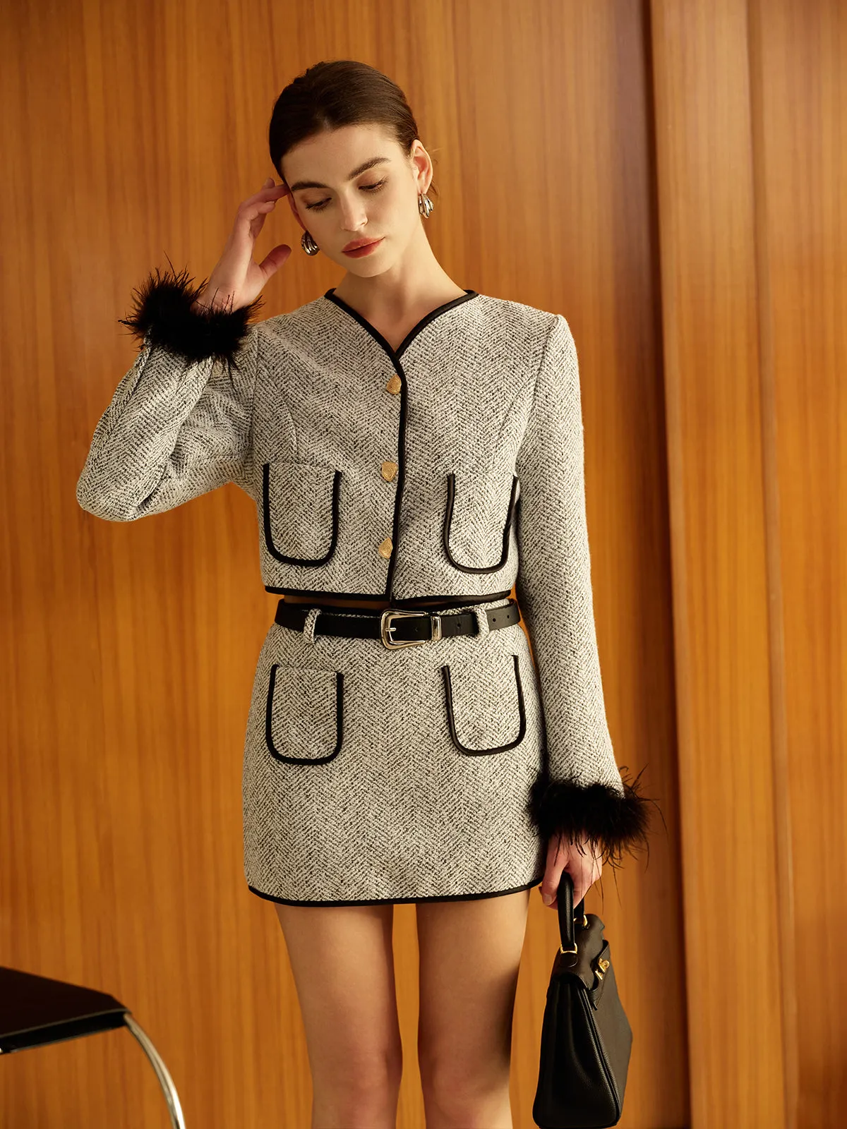 Contrast Trim Button Tweed Skirt Set Without Belt sold by COMMENSE product image thumbnail 3