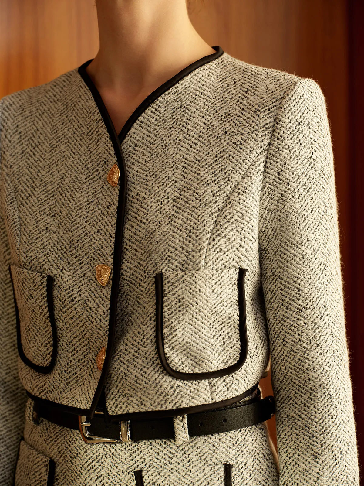 Contrast Trim Button Tweed Skirt Set Without Belt sold by COMMENSE product image thumbnail 4