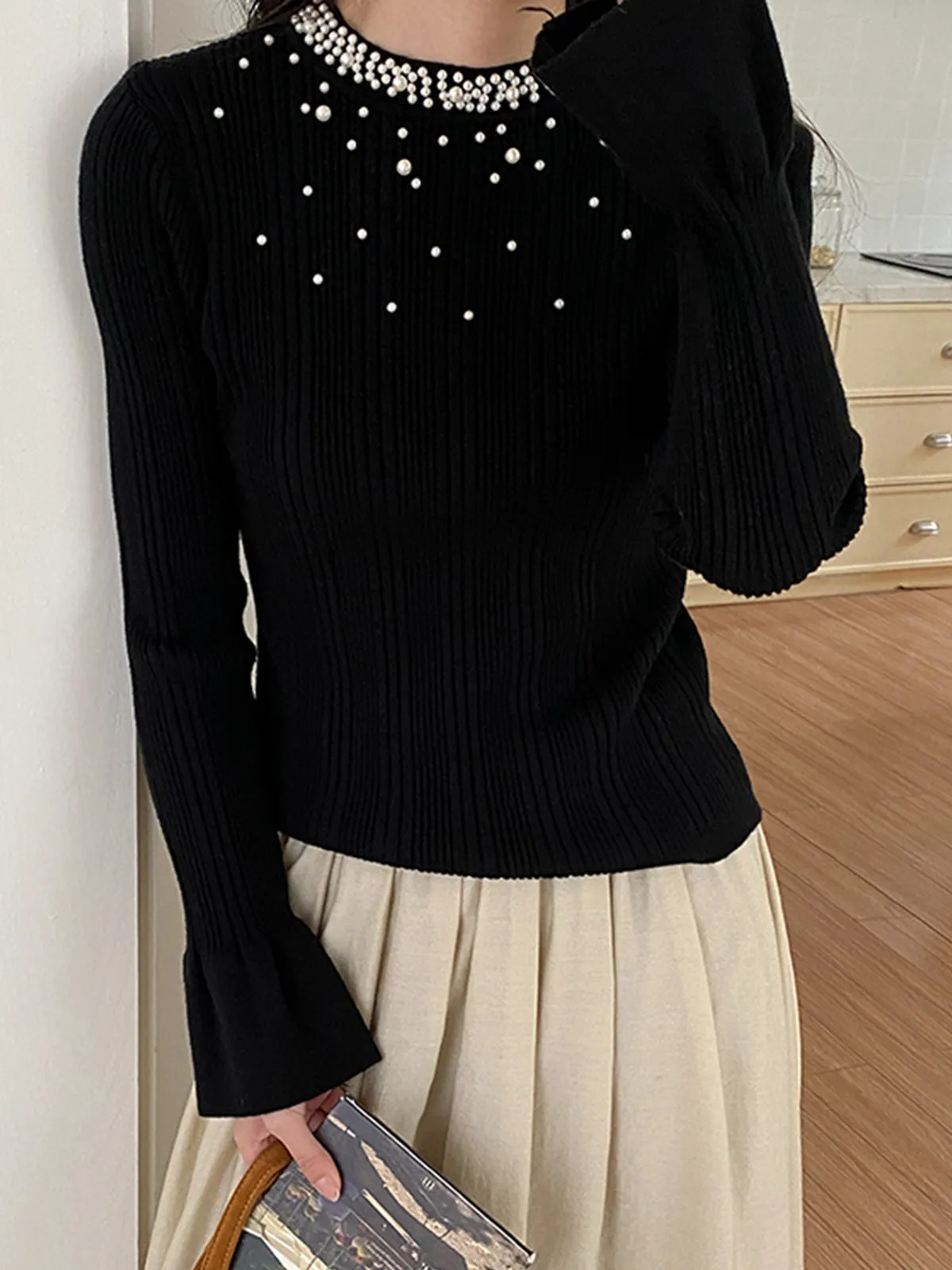 Pearl Decor Ruffle-Cuff Knit Top sold by COMMENSE product image thumbnail 3