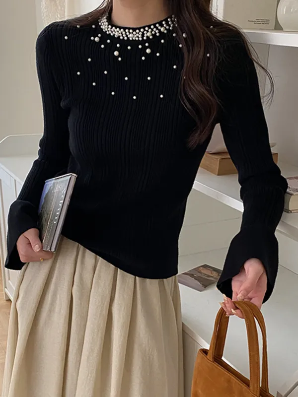 Pearl Decor Ruffle-Cuff Knit Top sold by COMMENSE