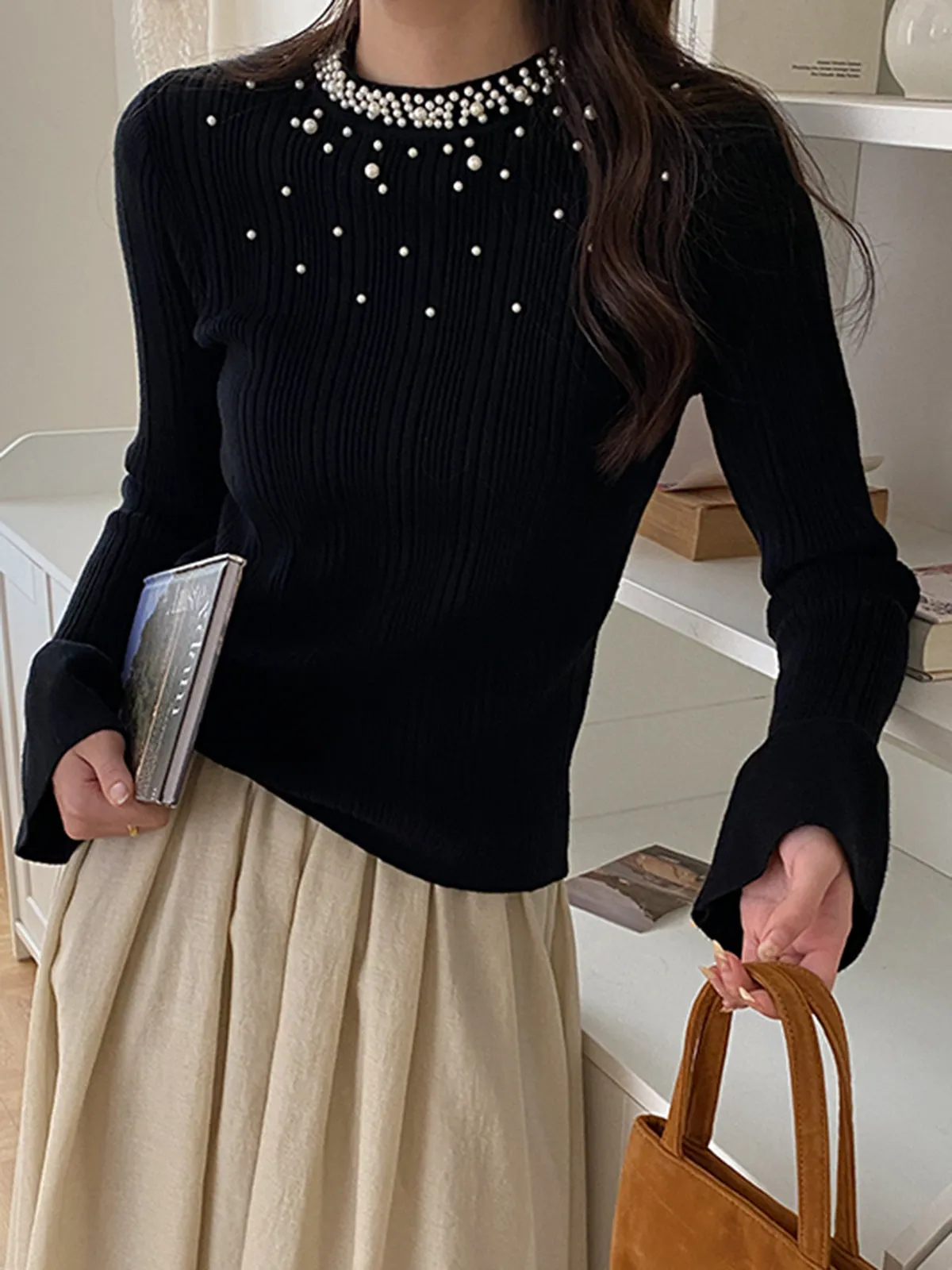 Pearl Decor Ruffle-Cuff Knit Top sold by COMMENSE