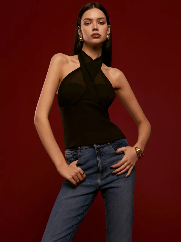 Backless Sheer Panel Halter Top sold by COMMENSE