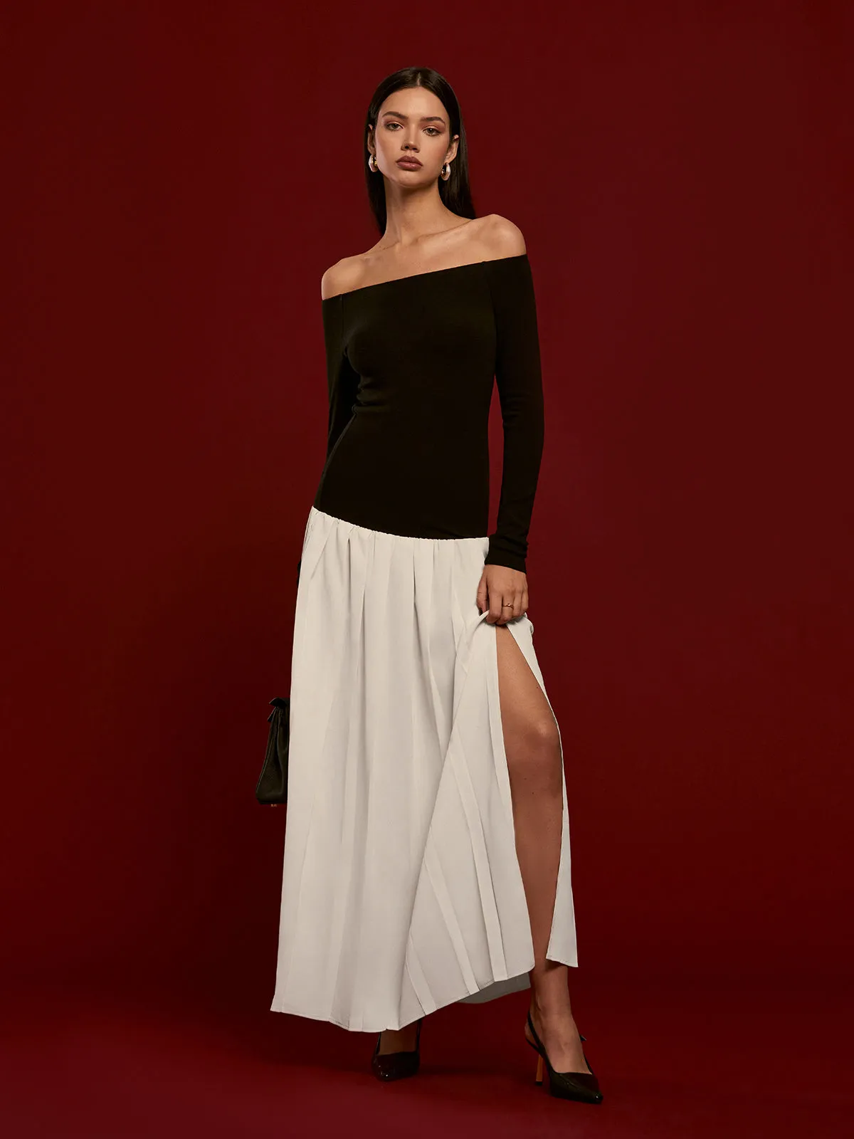 Two-Tone Straight Neck Pleated Dress sold by COMMENSE product image thumbnail 3