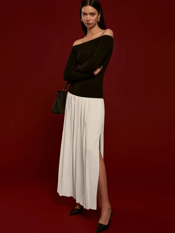 Two-Tone Straight Neck Pleated Dress sold by COMMENSE