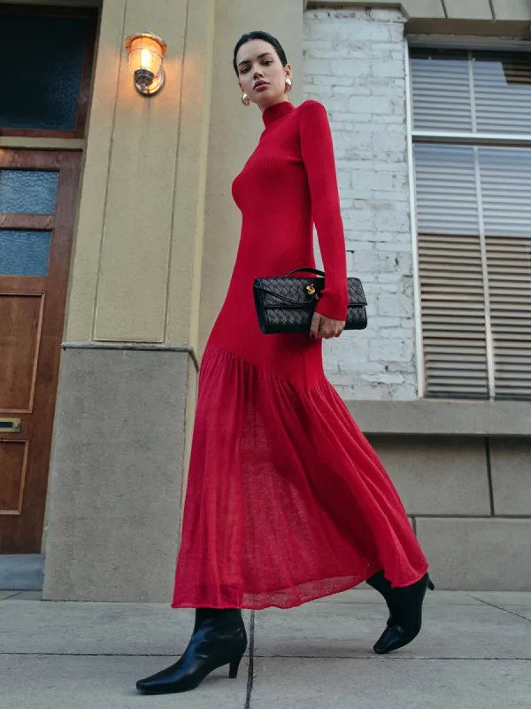 Mock Neck  Pleated Panel Sweater Dress sold by COMMENSE