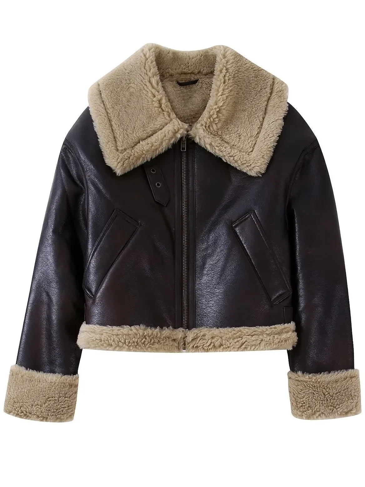 Teddy Faux Leather Zipper Jacket sold by COMMENSE product image thumbnail 3