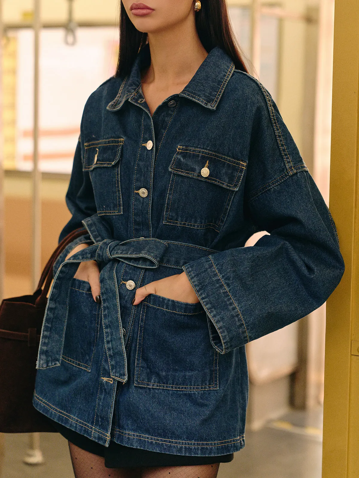 Belted Cargo Denim Polo Jacket sold by COMMENSE product image thumbnail 5