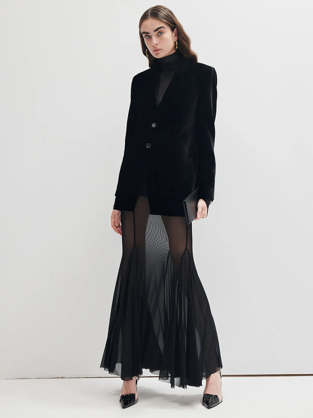 Ruffle Sheer Panel Maxi Skirt sold by COMMENSE