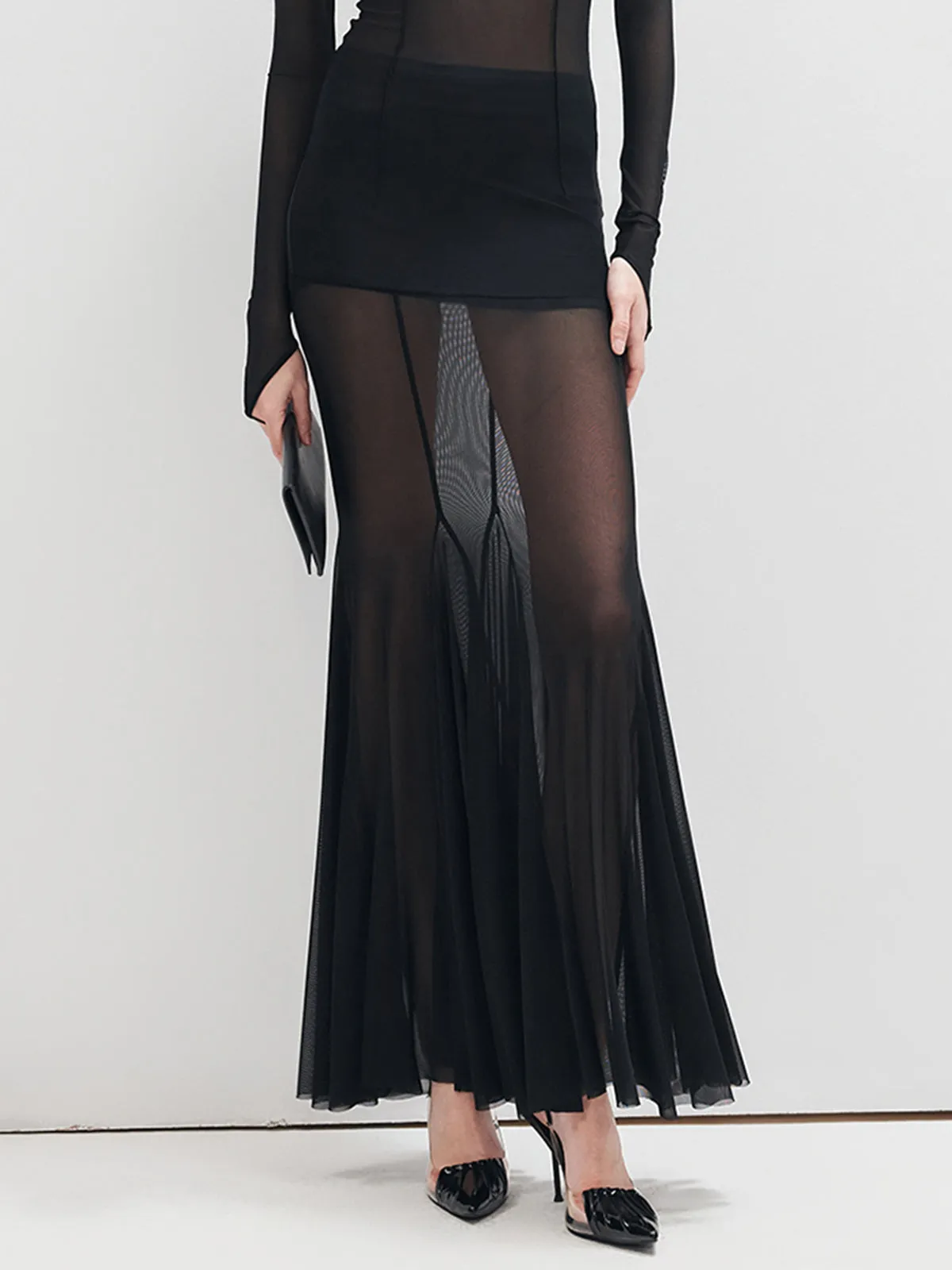 Ruffle Sheer Panel Maxi Skirt sold by COMMENSE product image thumbnail 2