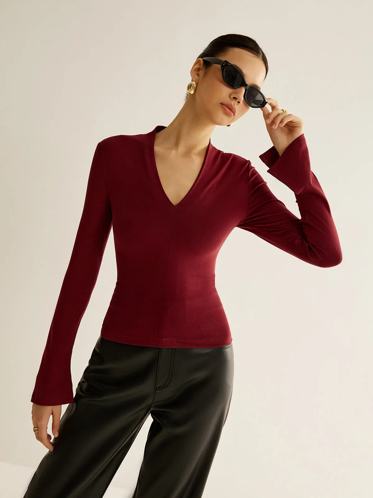 V-Neck Slit-Cuff Jersey Blouse sold by COMMENSE