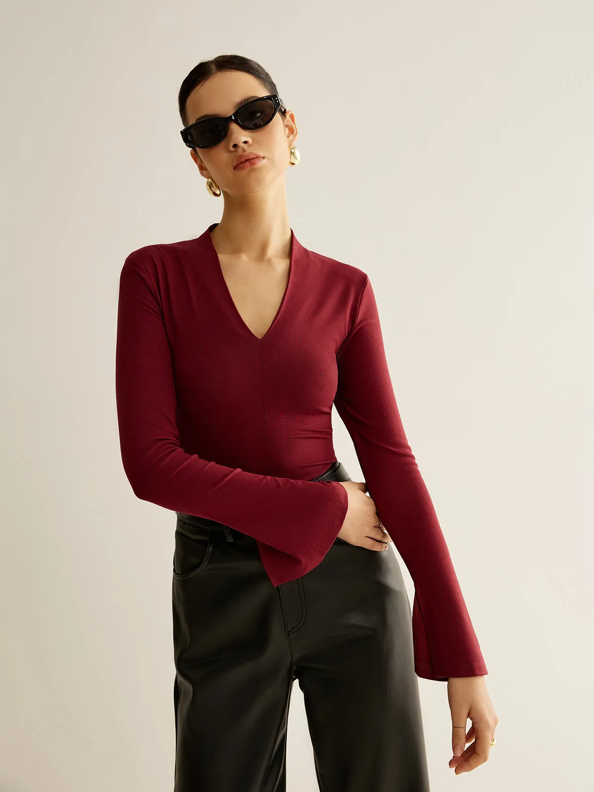 V-Neck Slit-Cuff Jersey Blouse sold by COMMENSE product image thumbnail 5