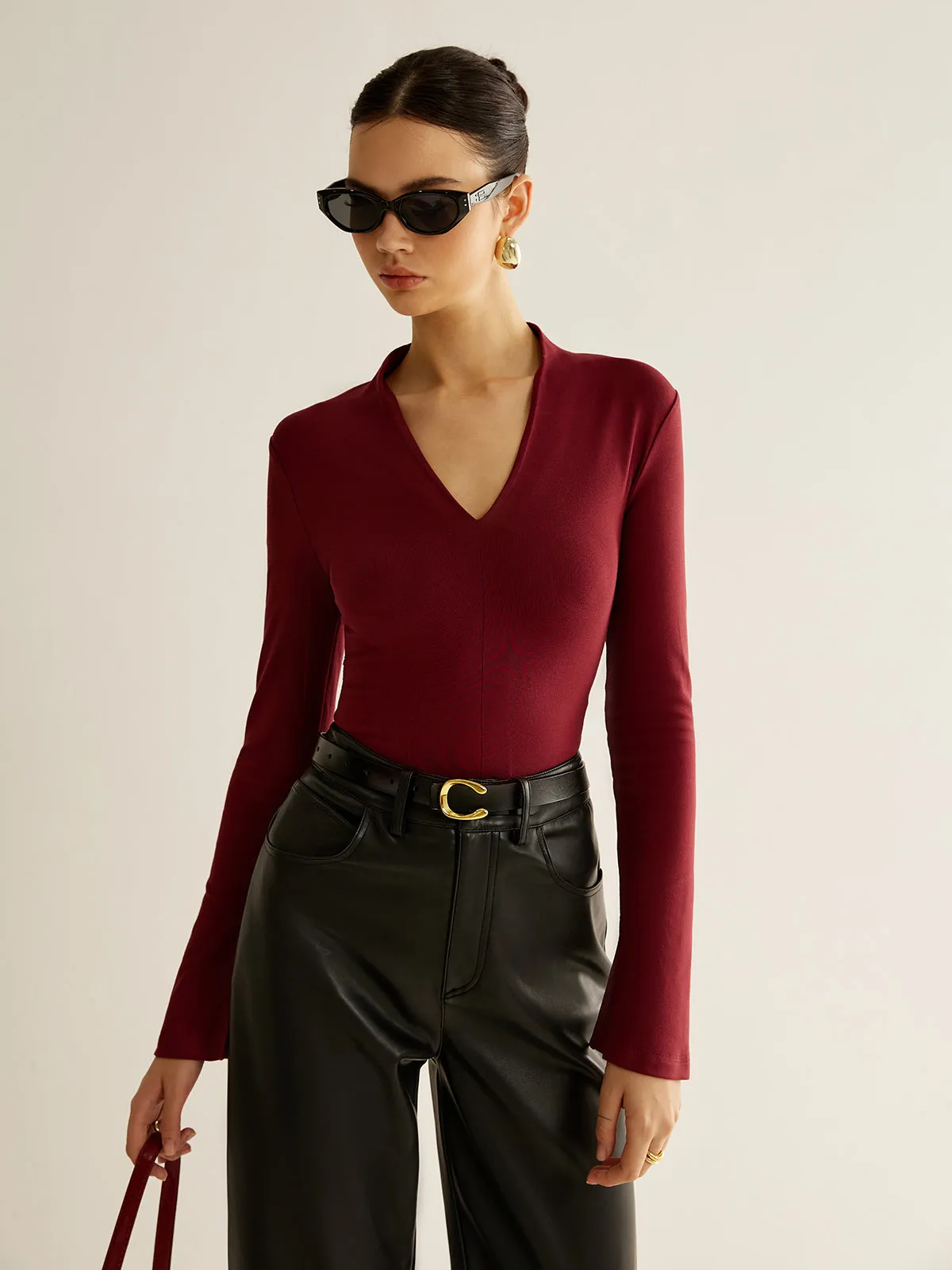 V-Neck Slit-Cuff Jersey Blouse sold by COMMENSE product image thumbnail 2