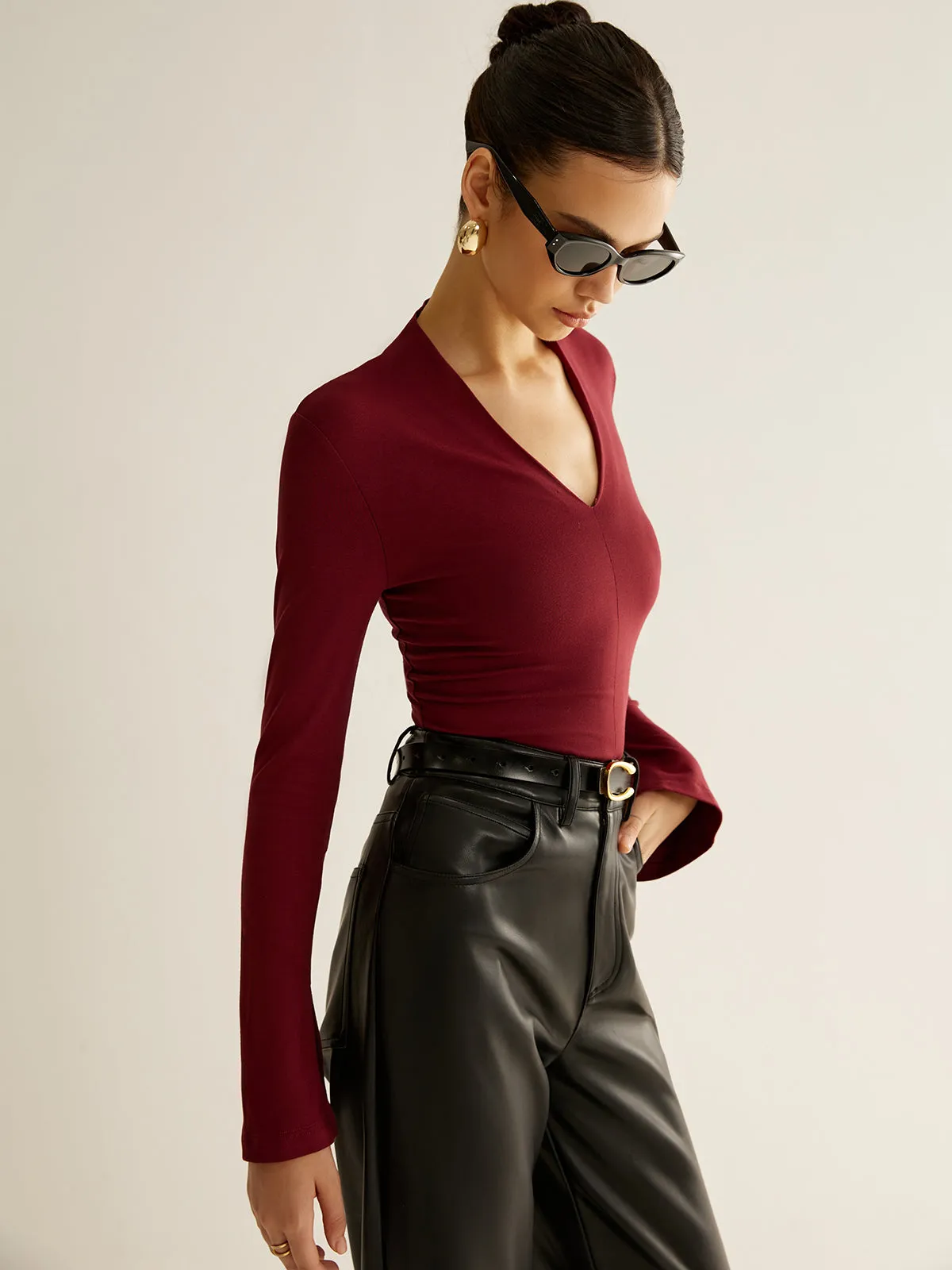 V-Neck Slit-Cuff Jersey Blouse sold by COMMENSE product image thumbnail 3