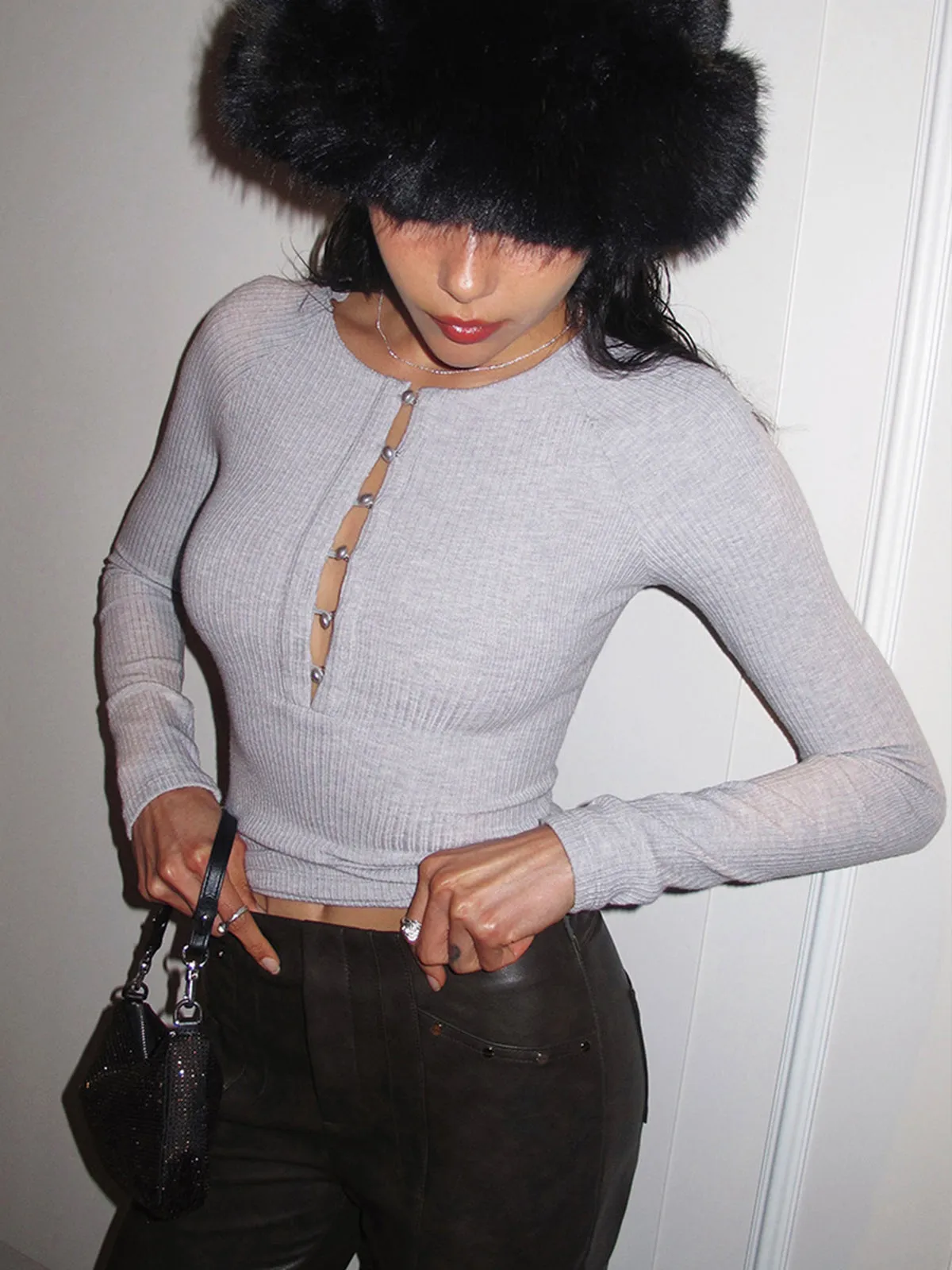 Pearl Button Cutout Skinny Top sold by COMMENSE