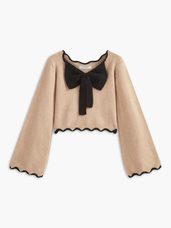 Contrast Wave Trim Bow Sweater sold by COMMENSE