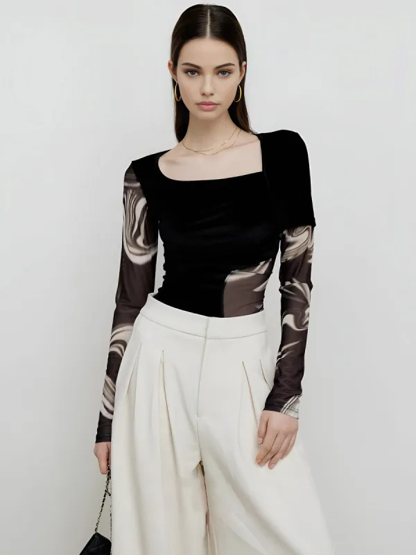 Geometric Printed Mesh Jersey Top sold by COMMENSE