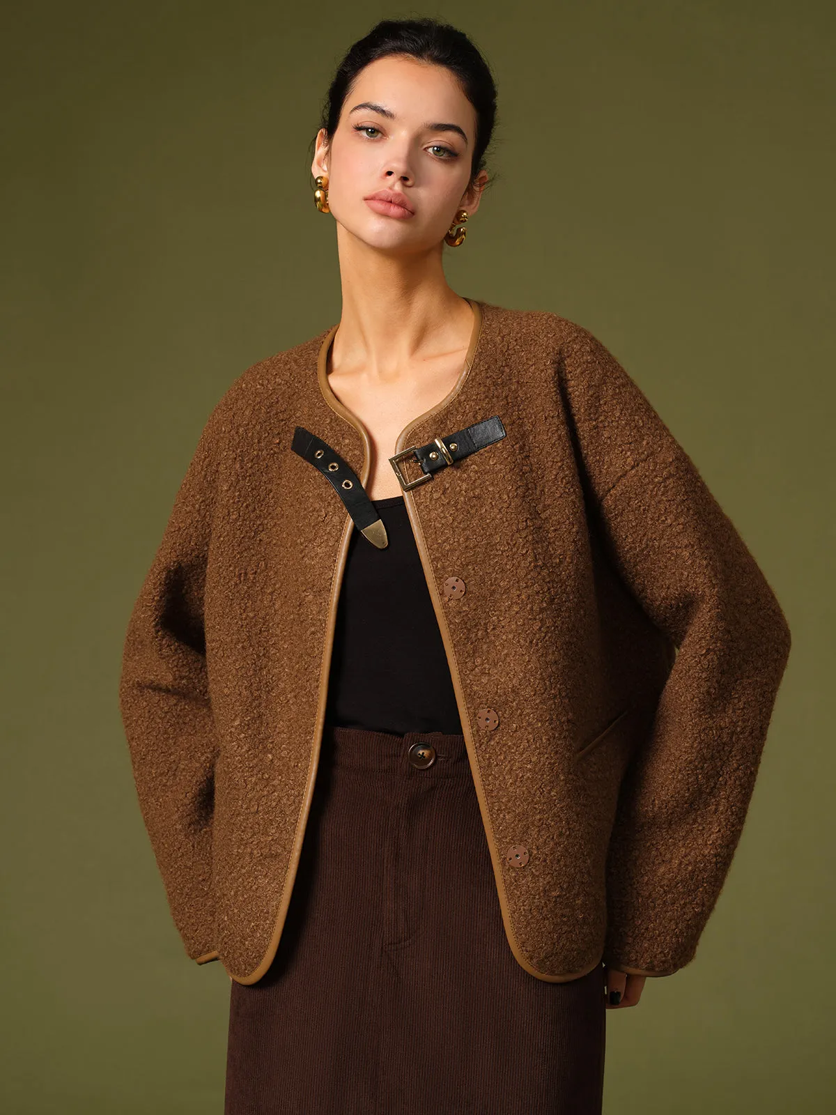 Buckle Belt Design Fleece Jacket sold by COMMENSE