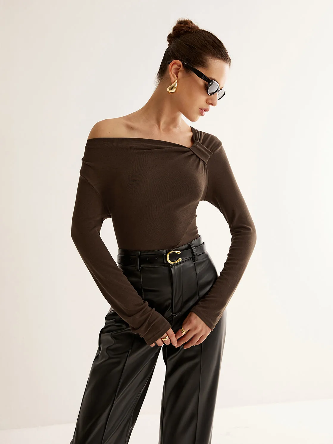 Knotted Cold-Shoulder Jersey Top sold by COMMENSE