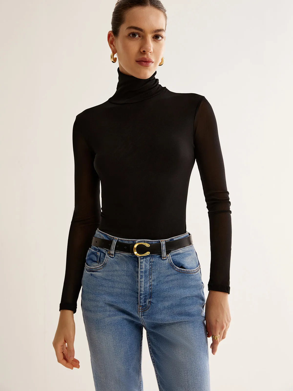 Turtleneck Sheer Sleeve Jersey Top sold by COMMENSE product image thumbnail 3