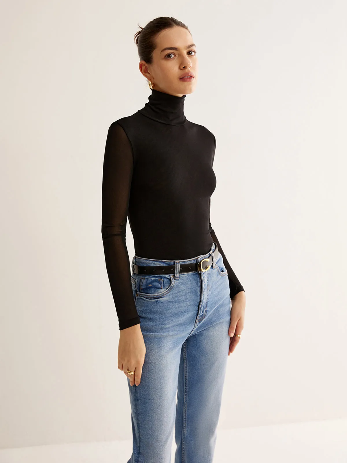 Turtleneck Sheer Sleeve Jersey Top sold by COMMENSE product image thumbnail 4