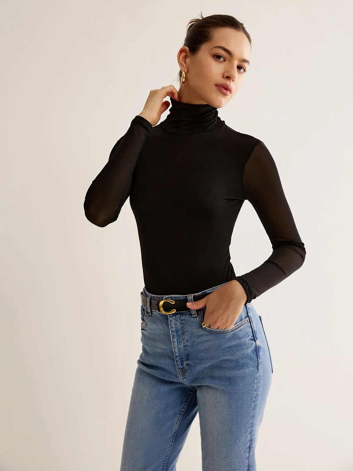Turtleneck Sheer Sleeve Jersey Top sold by COMMENSE