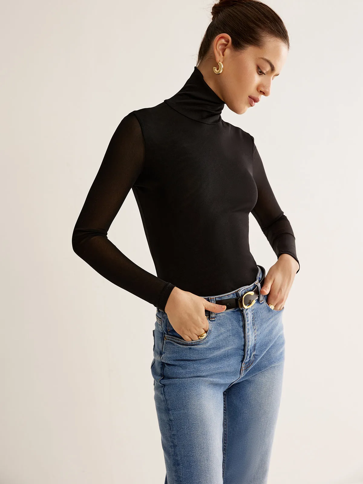 Turtleneck Sheer Sleeve Jersey Top sold by COMMENSE product image thumbnail 5