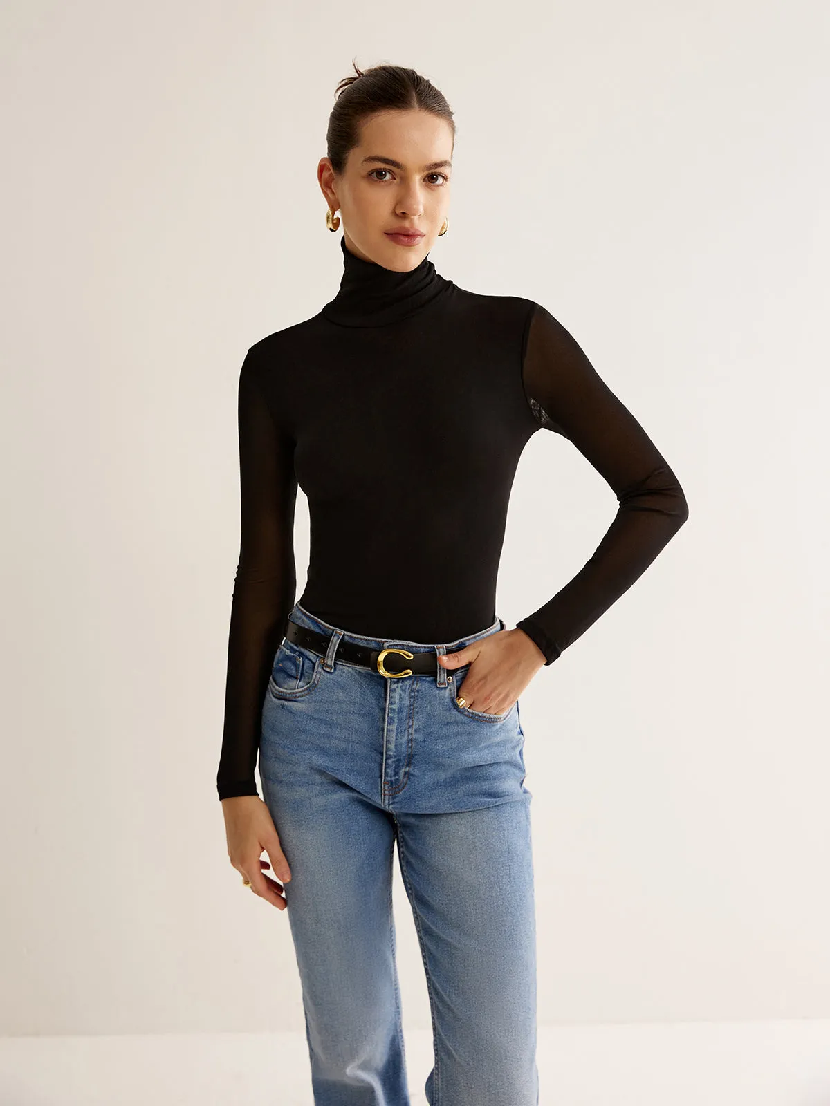 Turtleneck Sheer Sleeve Jersey Top sold by COMMENSE product image thumbnail 2