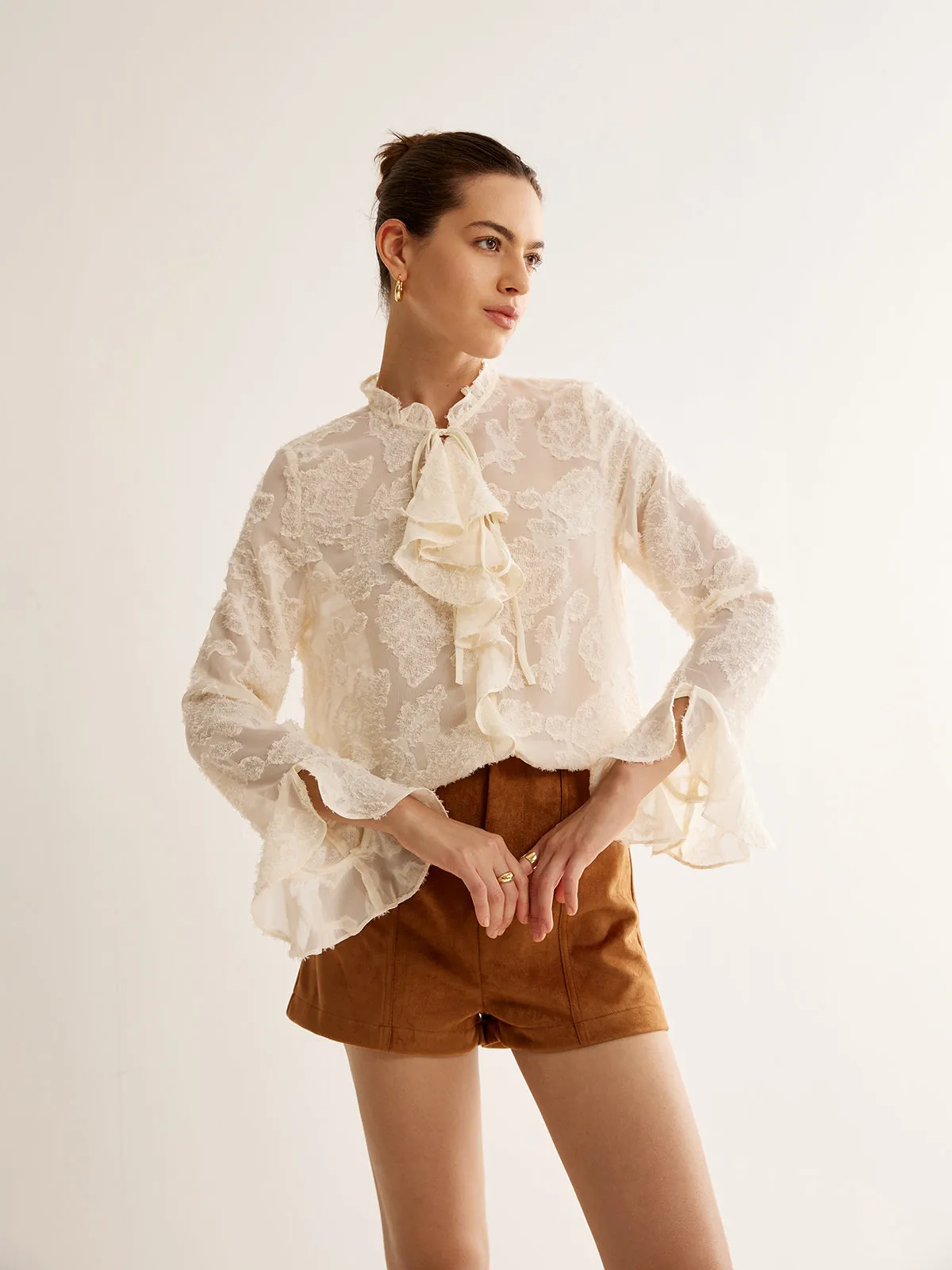 Jacquard Ruffle Long Sleeve Shirt sold by COMMENSE