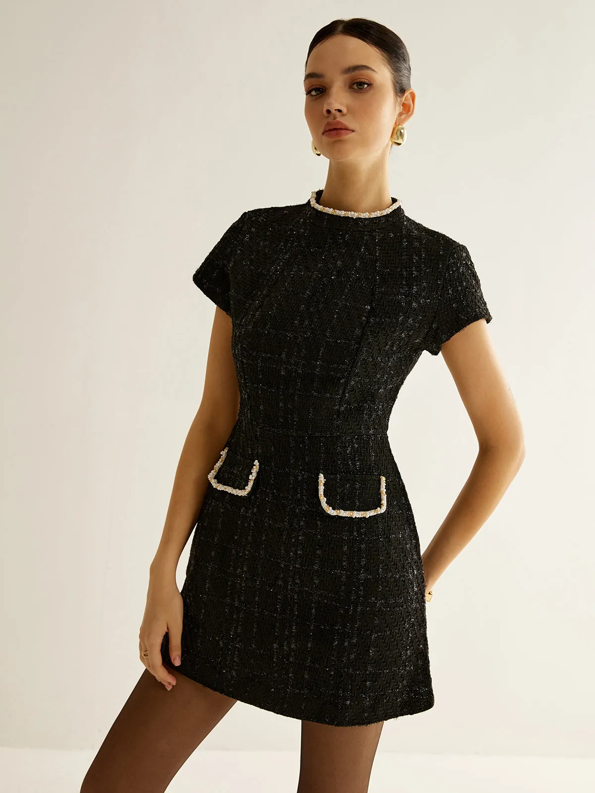 Elegant Short Sleeve Tweed Dress sold by COMMENSE product image thumbnail 5