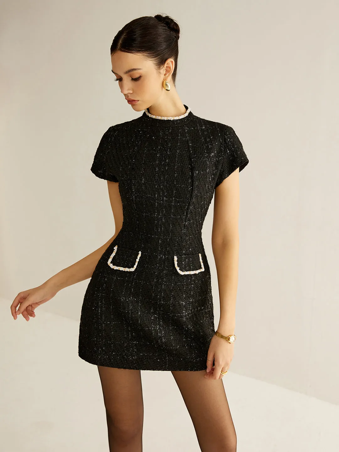 Elegant Short Sleeve Tweed Dress sold by COMMENSE product image thumbnail 2